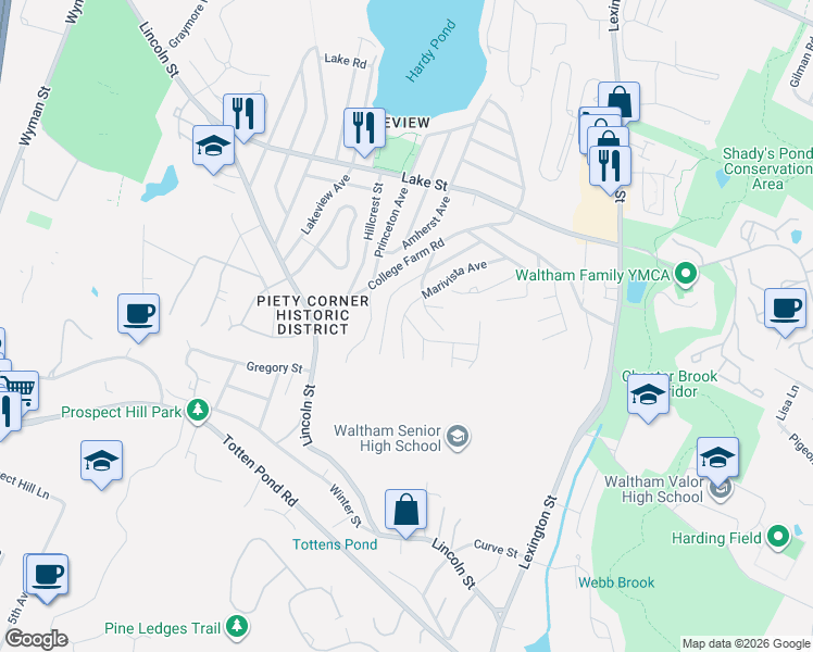 map of restaurants, bars, coffee shops, grocery stores, and more near 93 Marivista Avenue in Waltham