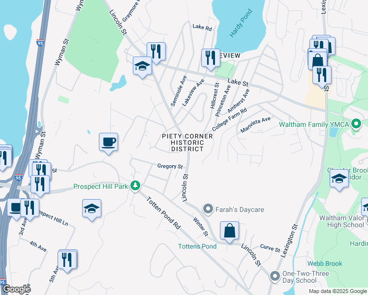 map of restaurants, bars, coffee shops, grocery stores, and more near 368 Lincoln Street in Waltham