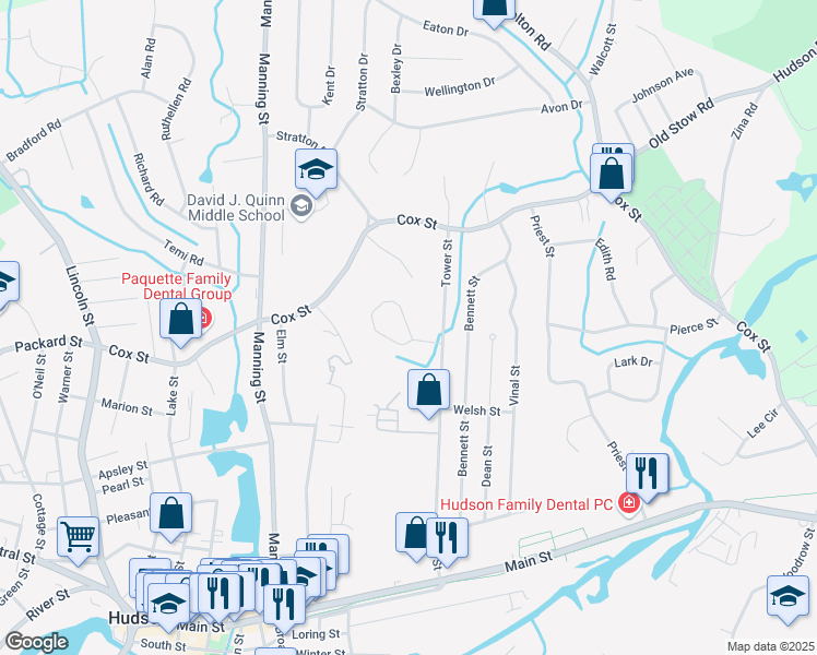 map of restaurants, bars, coffee shops, grocery stores, and more near 100 Tower Street in Hudson