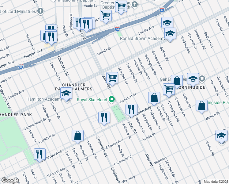 map of restaurants, bars, coffee shops, grocery stores, and more near 5317 Wayburn Street in Detroit
