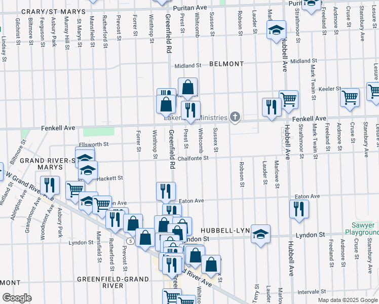 map of restaurants, bars, coffee shops, grocery stores, and more near 15080 Prest Street in Detroit