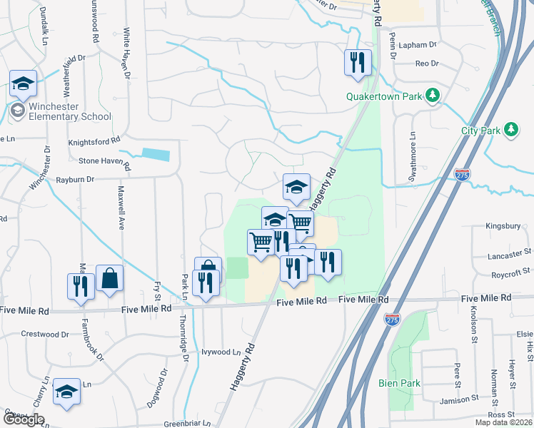 map of restaurants, bars, coffee shops, grocery stores, and more near 40143 Woodside Drive South in Northville