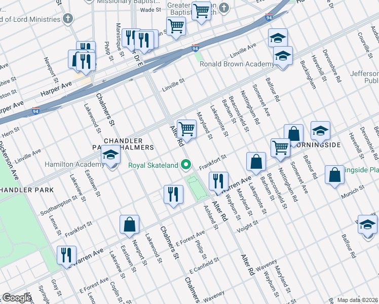 map of restaurants, bars, coffee shops, grocery stores, and more near 5280 Alter Road in Detroit