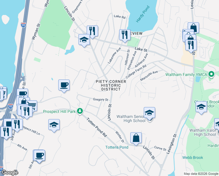 map of restaurants, bars, coffee shops, grocery stores, and more near 7 Blossom Street in Waltham