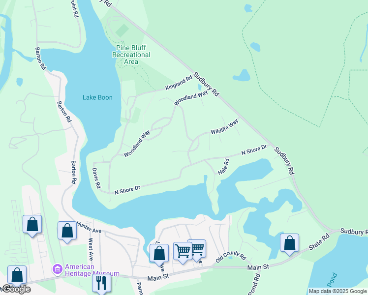 map of restaurants, bars, coffee shops, grocery stores, and more near 12 Whispering Way in Stow