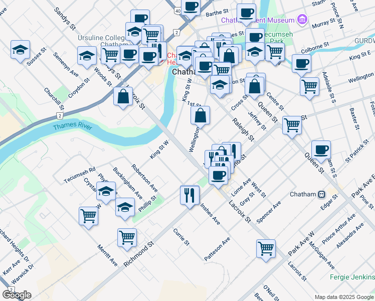 map of restaurants, bars, coffee shops, grocery stores, and more near 385 Wellington Street West in Chatham-Kent