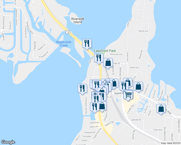 map of restaurants, bars, coffee shops, grocery stores, and more near 44 North Pistakee Lake Road in Fox Lake