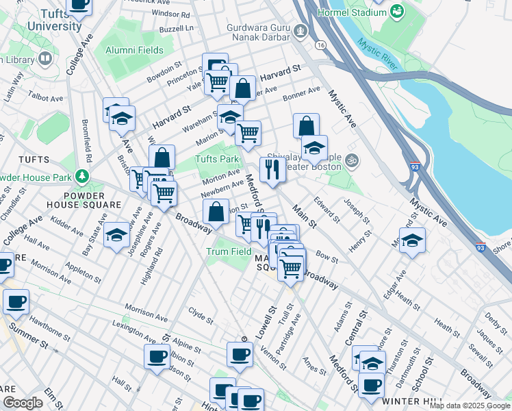 map of restaurants, bars, coffee shops, grocery stores, and more near 1 Clayton Avenue in Medford