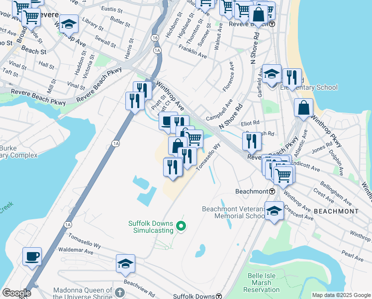 map of restaurants, bars, coffee shops, grocery stores, and more near 36 Furlong Drive in Revere
