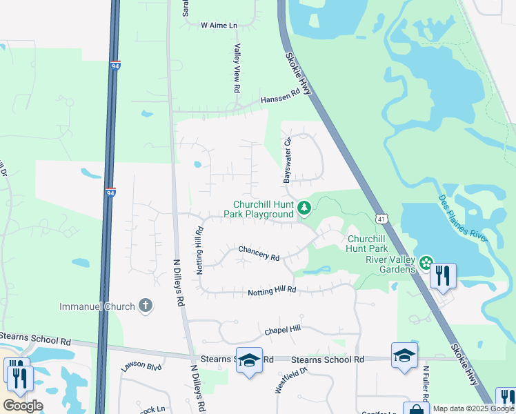 map of restaurants, bars, coffee shops, grocery stores, and more near 37015 Willow Lane in Gurnee