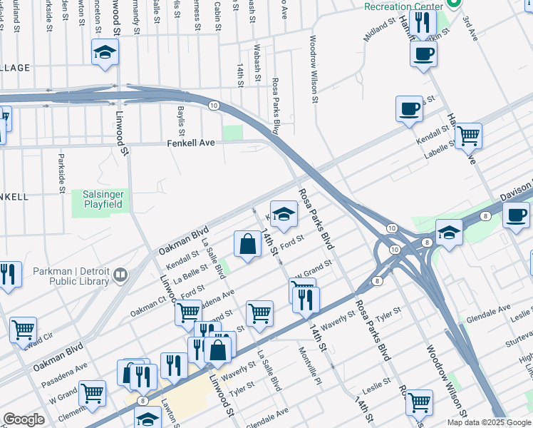 map of restaurants, bars, coffee shops, grocery stores, and more near 1982 Kendall Street in Detroit