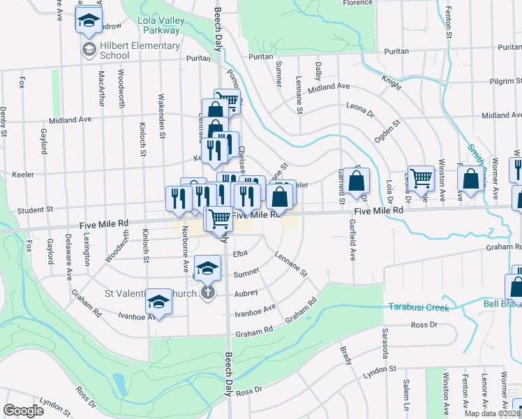 map of restaurants, bars, coffee shops, grocery stores, and more near 15350 Lennane in Redford Charter Township