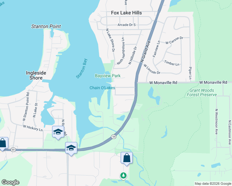 map of restaurants, bars, coffee shops, grocery stores, and more near 25622 West Grant Avenue in Ingleside
