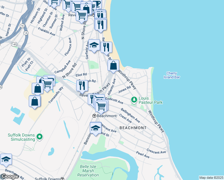 map of restaurants, bars, coffee shops, grocery stores, and more near 21 Revere Beach Parkway in Revere