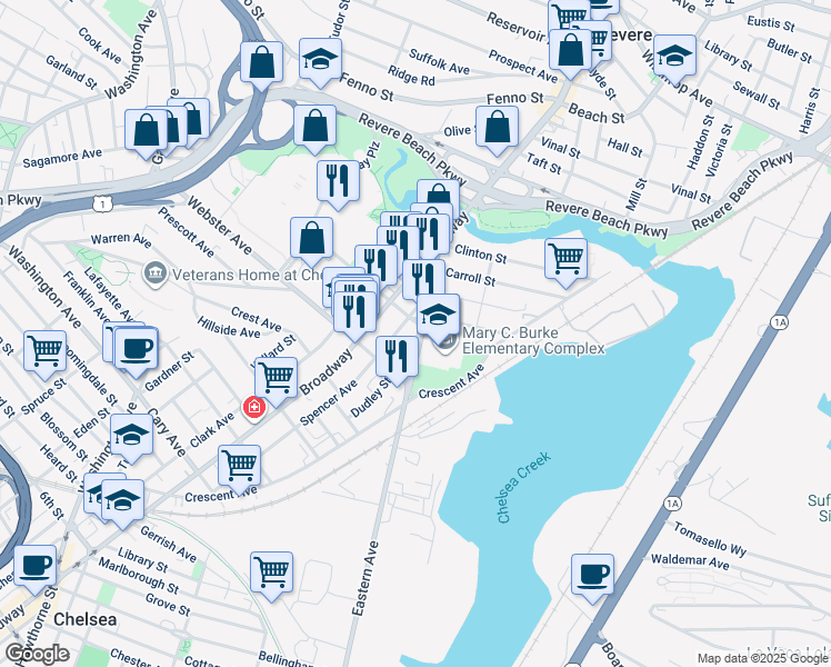 map of restaurants, bars, coffee shops, grocery stores, and more near 2 Stockton Street in Chelsea