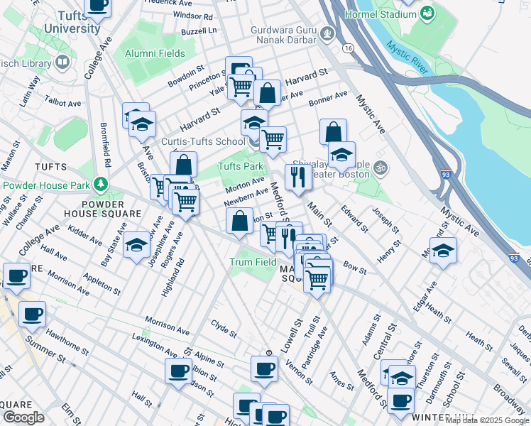 map of restaurants, bars, coffee shops, grocery stores, and more near 1 Clayton Avenue in Medford