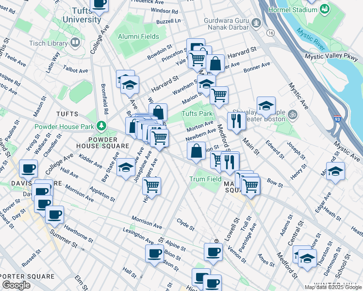map of restaurants, bars, coffee shops, grocery stores, and more near 55 Newbern Avenue in Medford