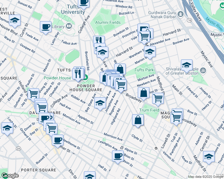 map of restaurants, bars, coffee shops, grocery stores, and more near 642 Boston Avenue in Medford