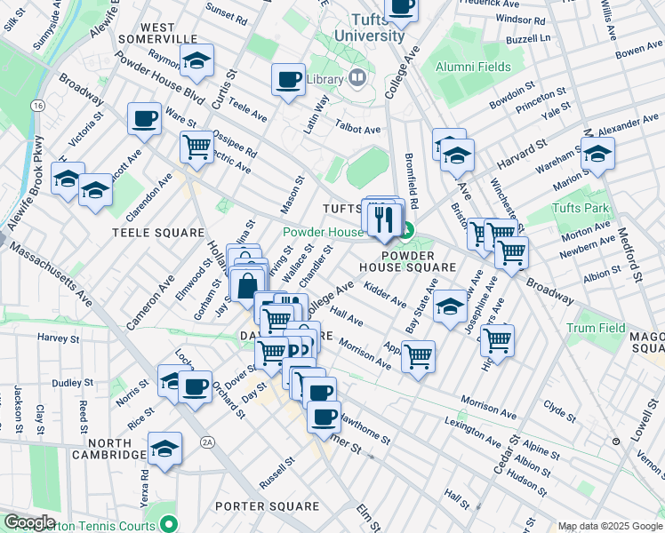 map of restaurants, bars, coffee shops, grocery stores, and more near 28 Billingham Street in Somerville