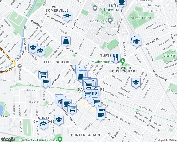 map of restaurants, bars, coffee shops, grocery stores, and more near 66 Irving Street in Somerville