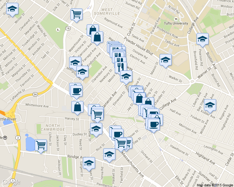 map of restaurants, bars, coffee shops, grocery stores, and more near 19 Cameron Avenue in Somerville