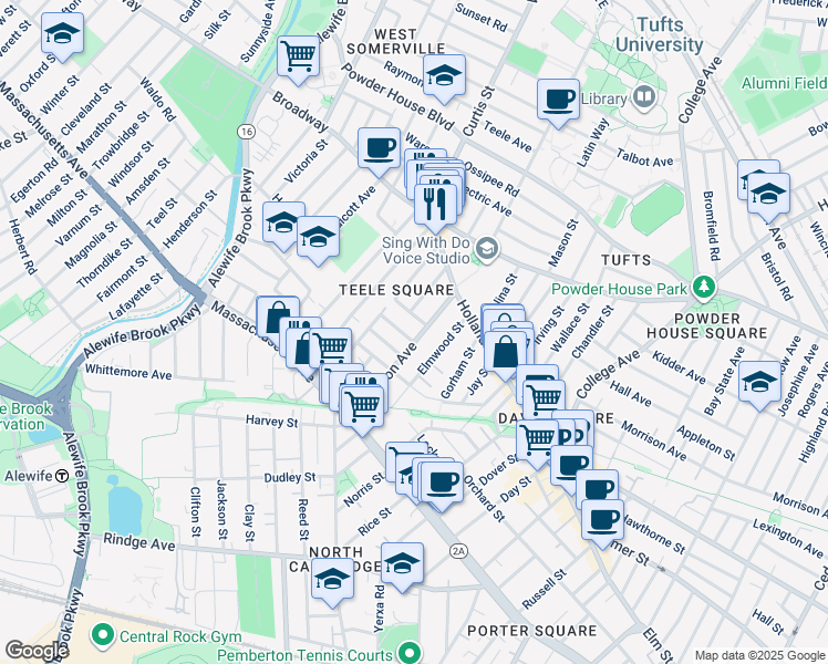 map of restaurants, bars, coffee shops, grocery stores, and more near 26 Mead Street in Somerville