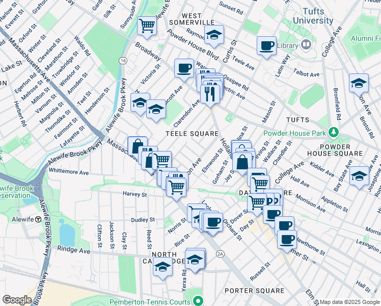 map of restaurants, bars, coffee shops, grocery stores, and more near in Somerville