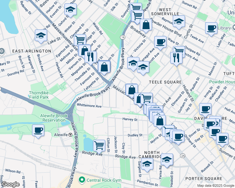 map of restaurants, bars, coffee shops, grocery stores, and more near 2571 Massachusetts Avenue in Cambridge