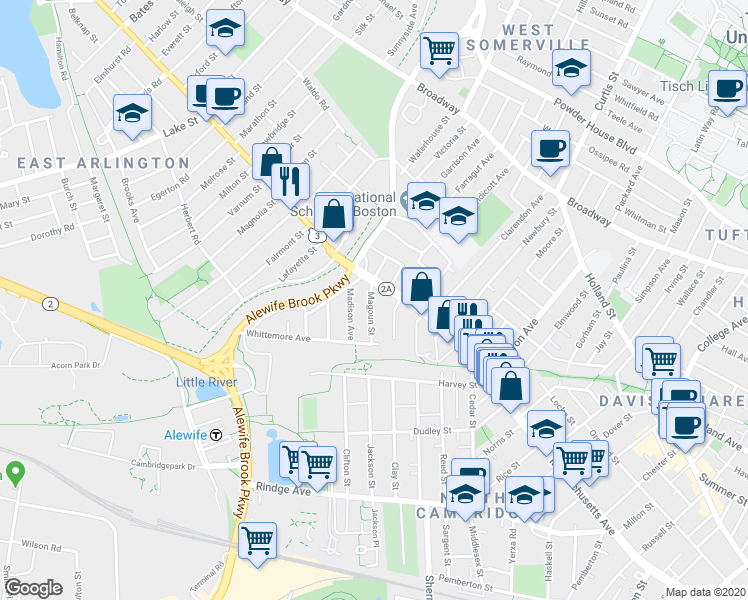 map of restaurants, bars, coffee shops, grocery stores, and more near 2571 Massachusetts Avenue in Cambridge