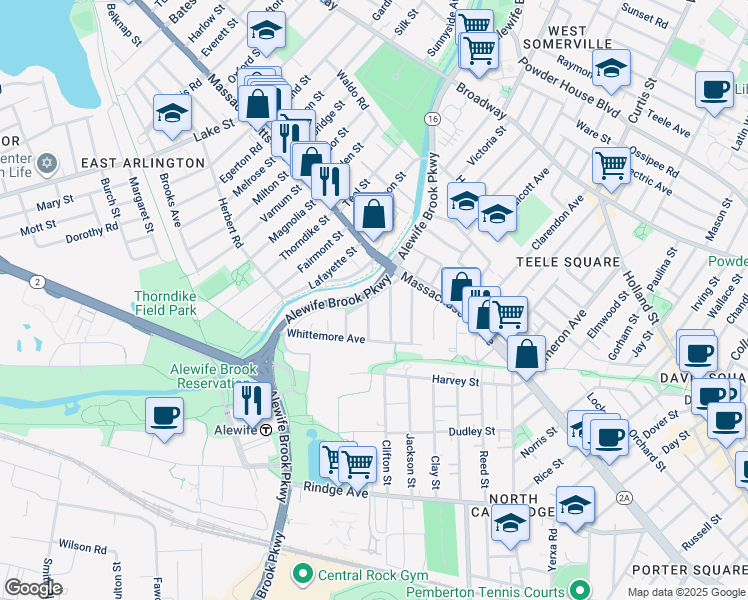 map of restaurants, bars, coffee shops, grocery stores, and more near 21 Boulevard Road in Arlington