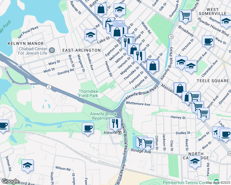 map of restaurants, bars, coffee shops, grocery stores, and more near 143 Thorndike Street in Arlington
