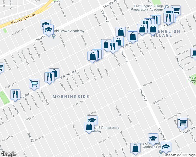 map of restaurants, bars, coffee shops, grocery stores, and more near 4834 Devonshire Road in Detroit