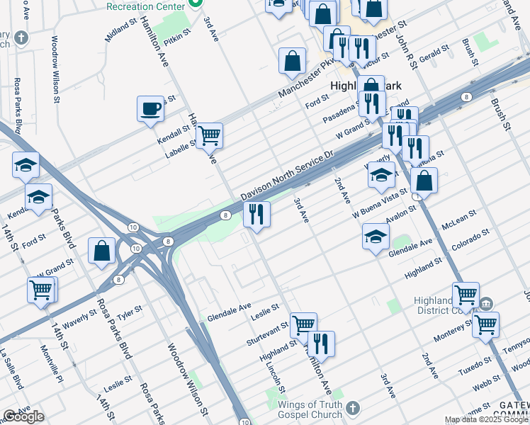 map of restaurants, bars, coffee shops, grocery stores, and more near 226 Davison North Service Drive in Highland Park