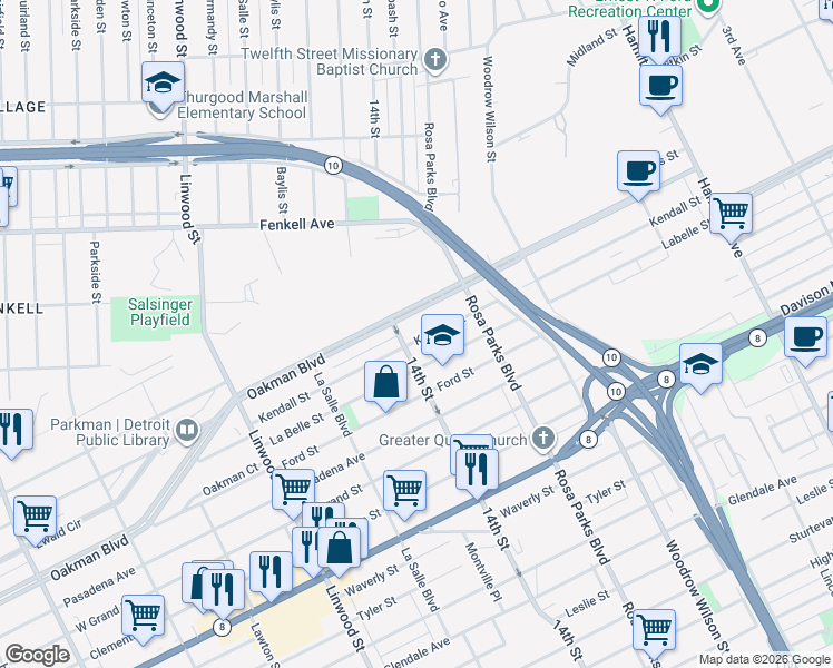 map of restaurants, bars, coffee shops, grocery stores, and more near 1982 Kendall Street in Detroit