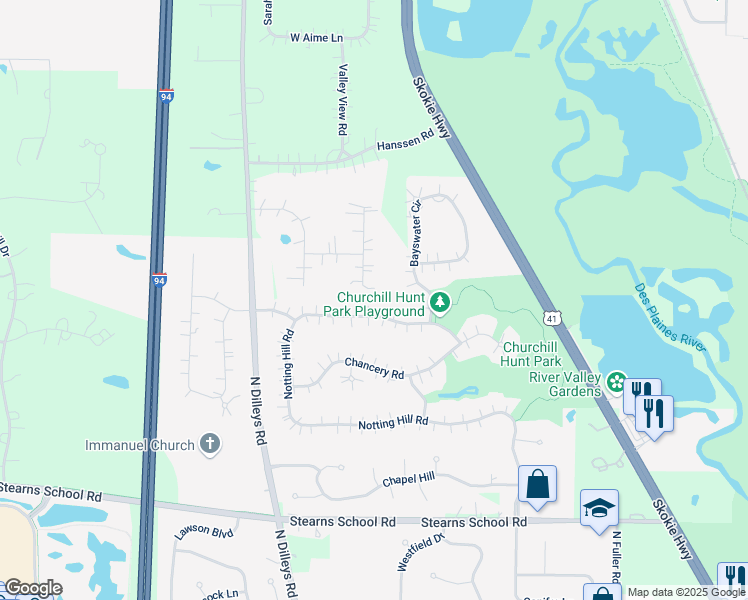 map of restaurants, bars, coffee shops, grocery stores, and more near 37015 Willow Lane in Gurnee