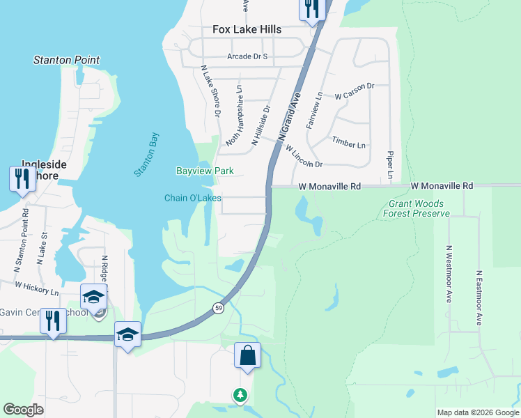 map of restaurants, bars, coffee shops, grocery stores, and more near 25540 West Grant Avenue in Ingleside