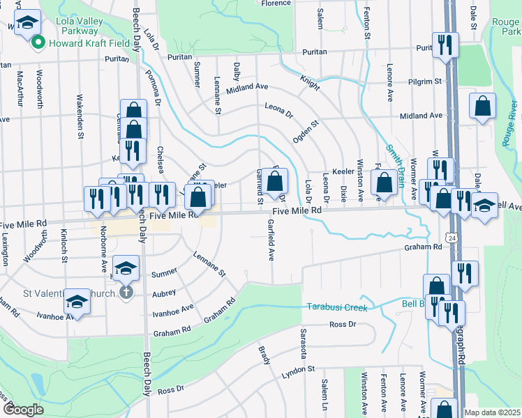 map of restaurants, bars, coffee shops, grocery stores, and more near 15351 Garfield in Redford Charter Township