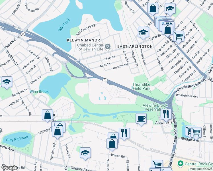 map of restaurants, bars, coffee shops, grocery stores, and more near 225 Concord Turnpike in Cambridge