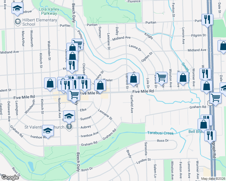 map of restaurants, bars, coffee shops, grocery stores, and more near 15344 Aubrey in Redford Charter Township