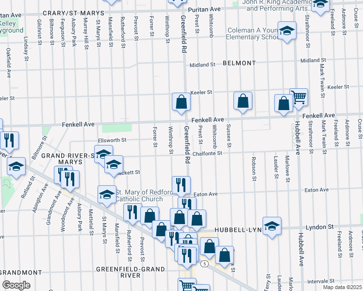 map of restaurants, bars, coffee shops, grocery stores, and more near 15041 Greenfield Road in Detroit