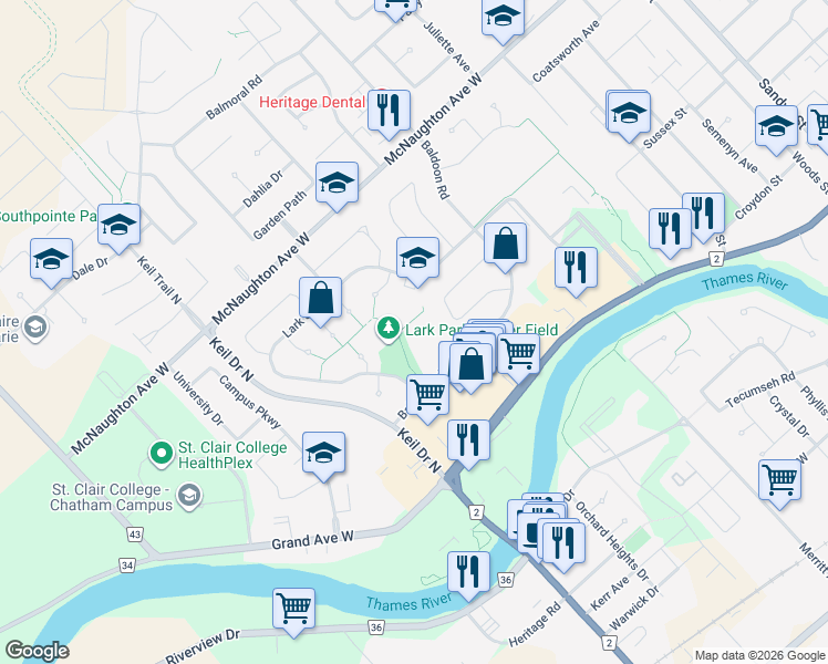 map of restaurants, bars, coffee shops, grocery stores, and more near 255 Lark Street in Chatham-Kent