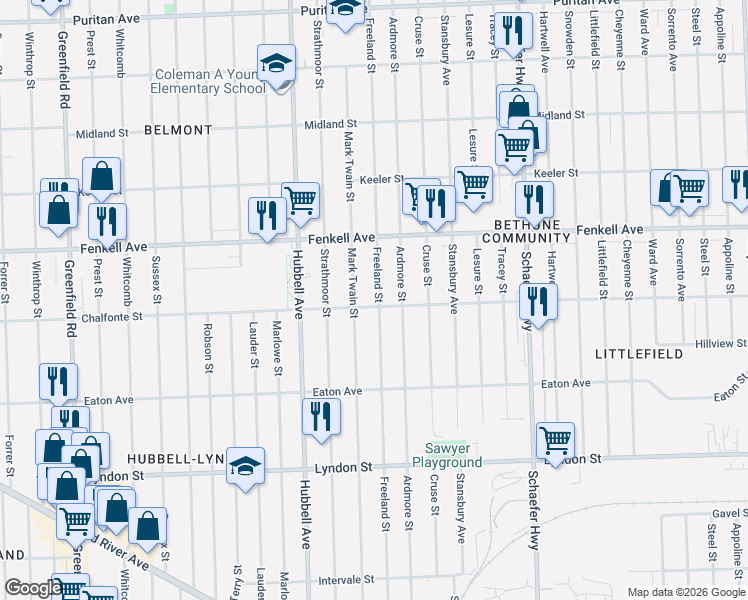 map of restaurants, bars, coffee shops, grocery stores, and more near 15049 Freeland Street in Detroit