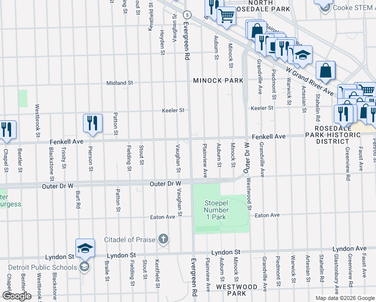 map of restaurants, bars, coffee shops, grocery stores, and more near in Detroit