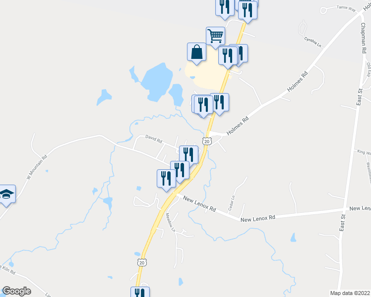 map of restaurants, bars, coffee shops, grocery stores, and more near Robert Avenue in Lenox