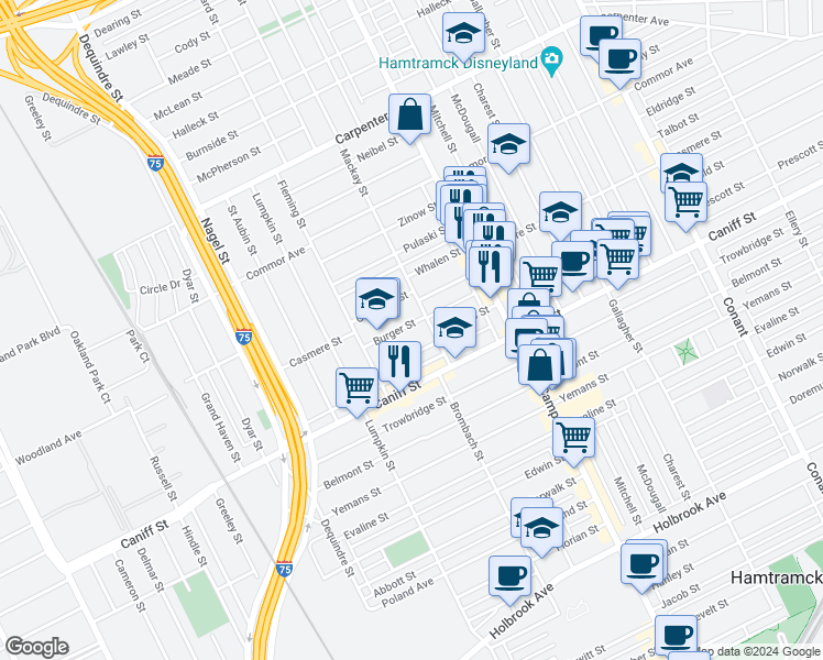 map of restaurants, bars, coffee shops, grocery stores, and more near 2404 Burger Street in Hamtramck