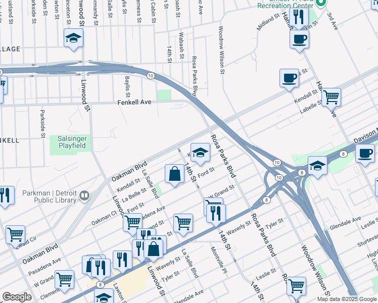 map of restaurants, bars, coffee shops, grocery stores, and more near 2024 Kendall Street in Detroit
