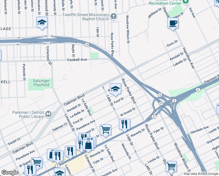 map of restaurants, bars, coffee shops, grocery stores, and more near 2024 Kendall Street in Detroit
