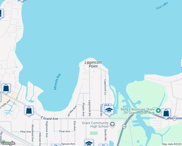 map of restaurants, bars, coffee shops, grocery stores, and more near 99 Lippincott Road in Fox Lake