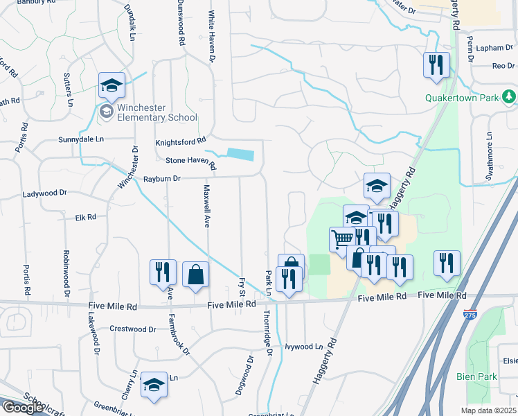 map of restaurants, bars, coffee shops, grocery stores, and more near 15852 Fry Street in Plymouth