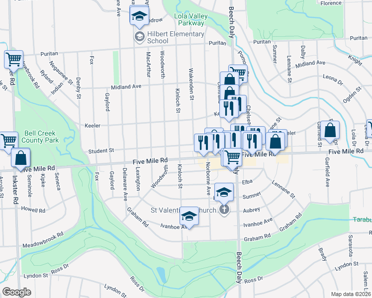 map of restaurants, bars, coffee shops, grocery stores, and more near 26129 Student Street in Redford Charter Township